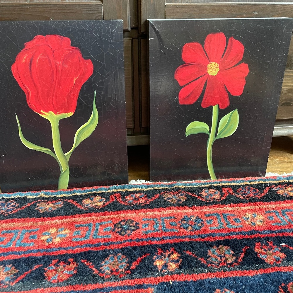 PRICE DROP! Dramatic hand painted red flowers 11 x 14" stretch canvas - Set of 2